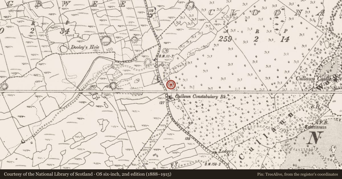 Ordnance Survey six-inch map, 2nd edition (1888–1915) covering the location of Enclosure, Cloonaherna, County Clare, with a pin at the register's coordinates