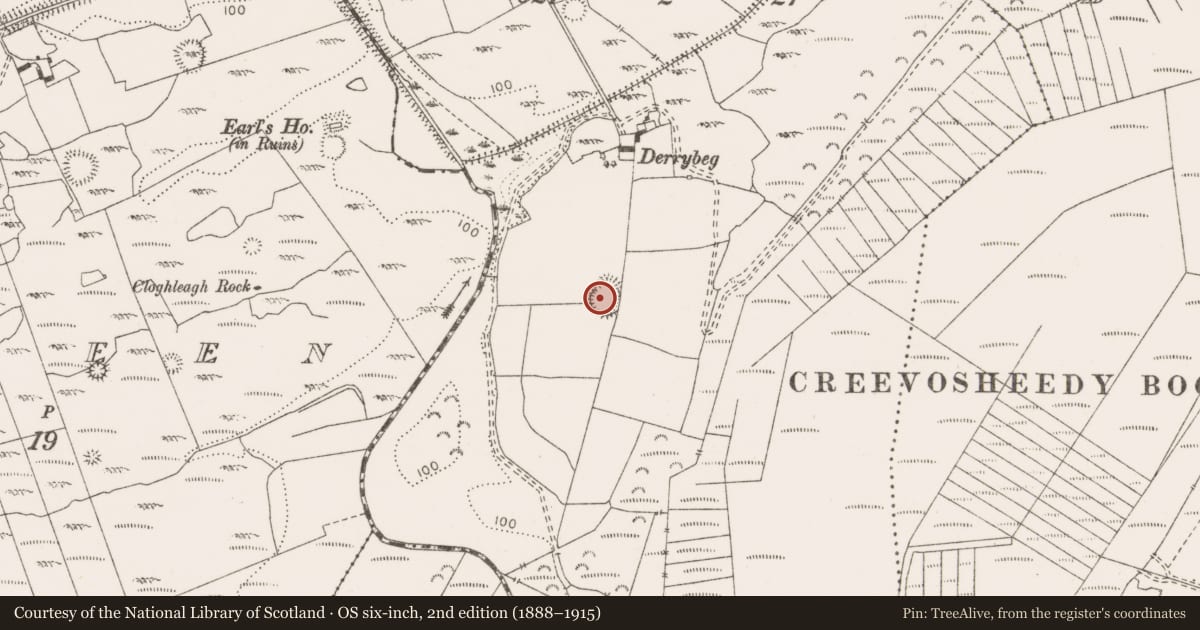 Ordnance Survey six-inch map, 2nd edition (1888–1915) covering the location of Ringfort - rath, Derrymore West, County Clare, with a pin at the register's coordinates