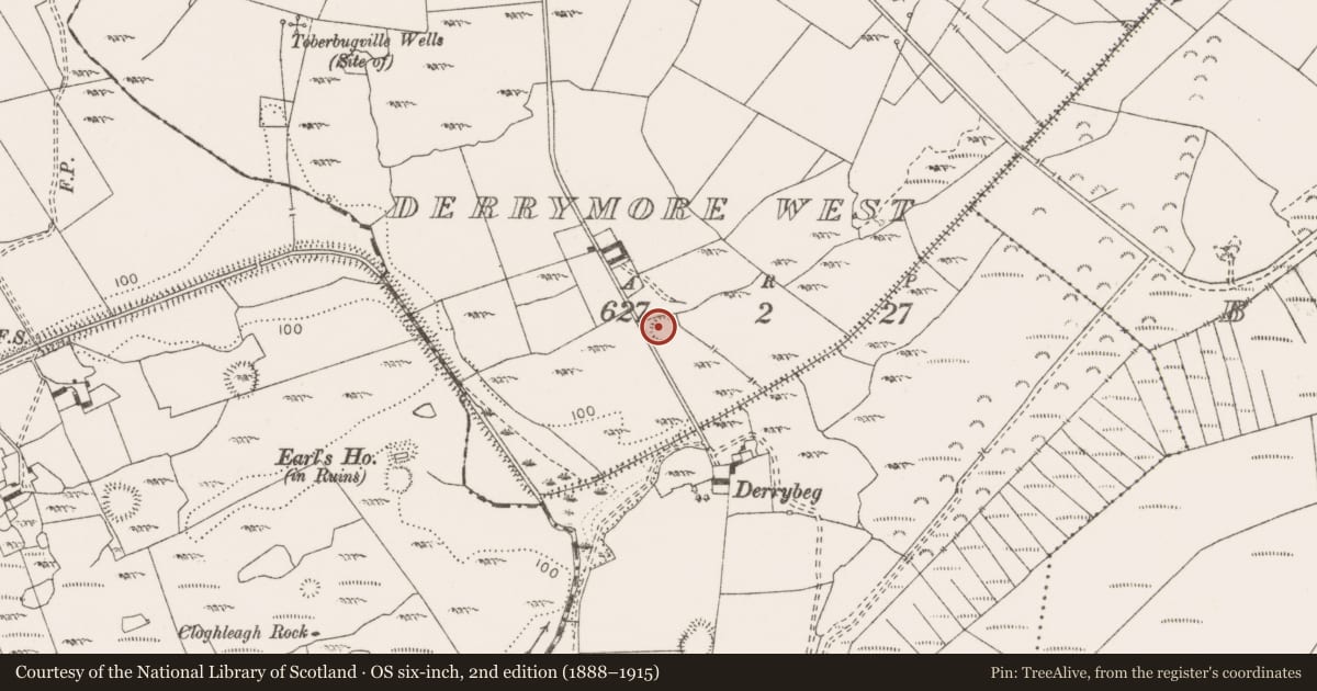 Ordnance Survey six-inch map, 2nd edition (1888–1915) covering the location of Enclosure, Derrymore West, County Clare, with a pin at the register's coordinates