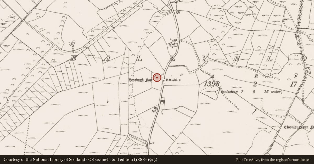 Ordnance Survey six-inch map, 2nd edition (1888–1915) covering the location of Ringfort - rath, Ballyblood, County Clare, with a pin at the register's coordinates