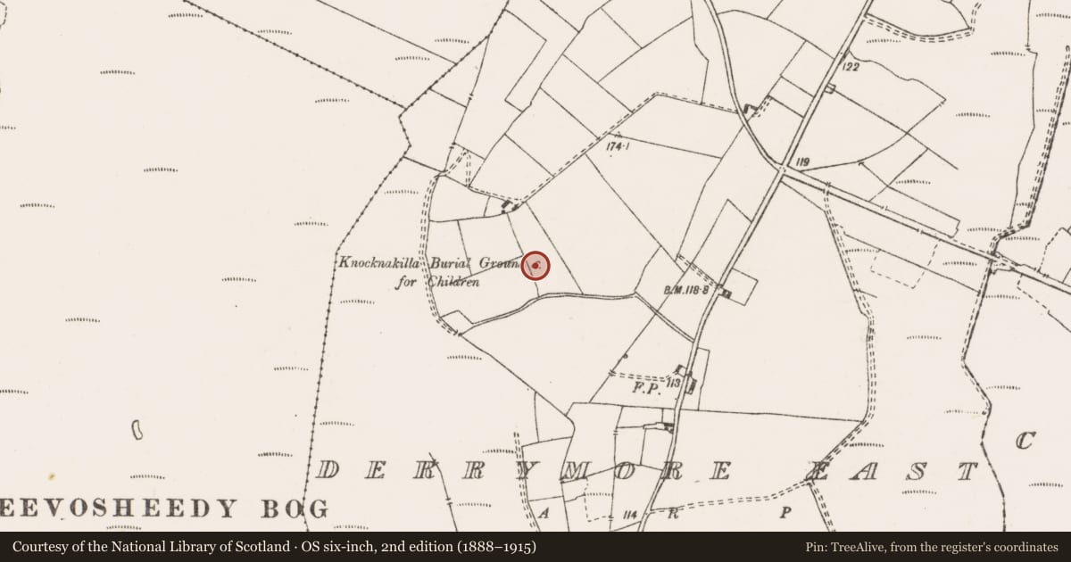 Ordnance Survey six-inch map, 2nd edition (1888–1915) covering the location of Children's burial ground, Derrymore East, County Clare, with a pin at the register's coordinates