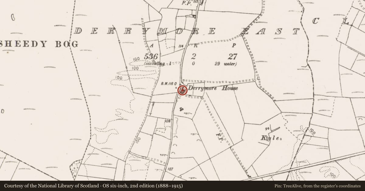 Ordnance Survey six-inch map, 2nd edition (1888–1915) covering the location of House - 18th/19th century, Derrymore East, County Clare, with a pin at the register's coordinates