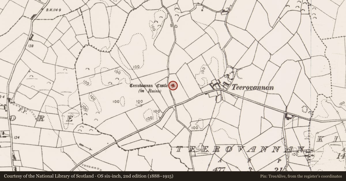 Ordnance Survey six-inch map, 2nd edition (1888–1915) covering the location of Castle - tower house, Teerovannan, County Clare, with a pin at the register's coordinates