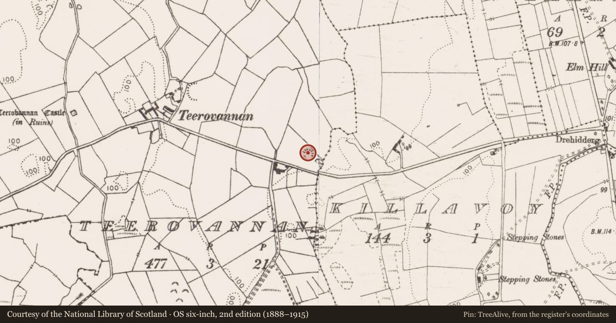 Ordnance Survey six-inch map, 2nd edition (1888–1915) covering the location of Enclosure, Teerovannan, County Clare, with a pin at the register's coordinates