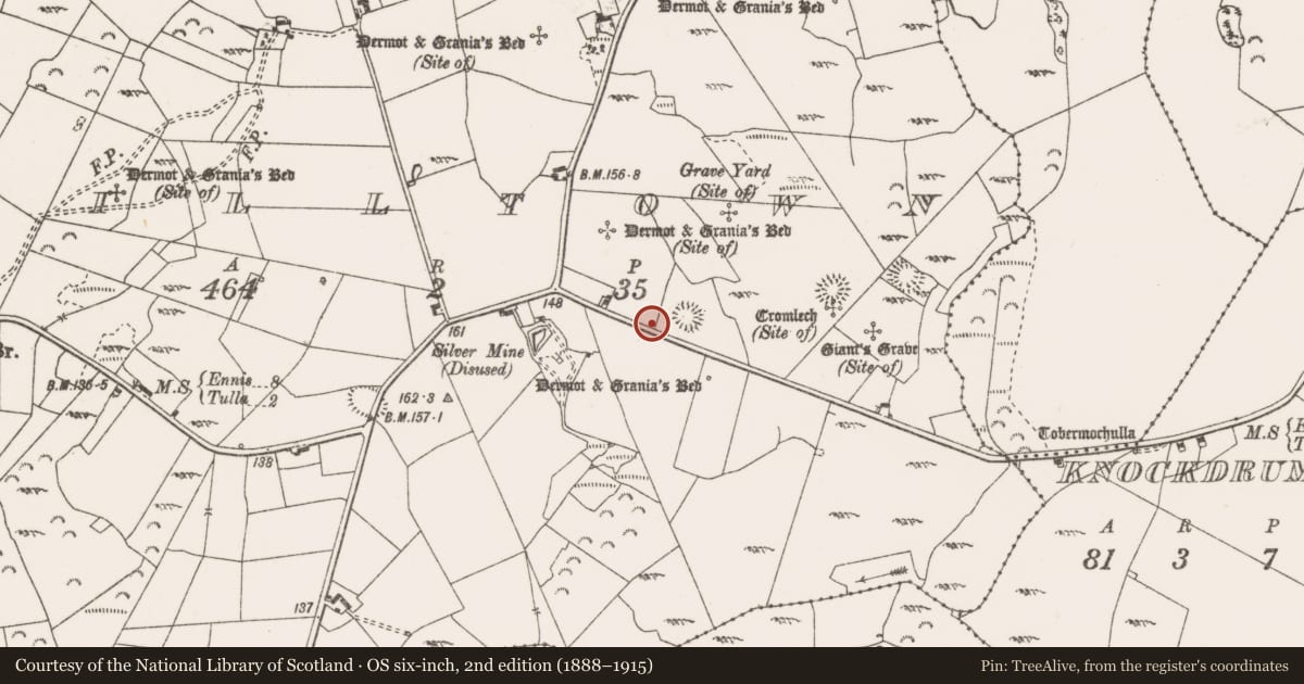 Ordnance Survey six-inch map, 2nd edition (1888–1915) covering the location of Architectural fragment, Milltown, County Clare, with a pin at the register's coordinates