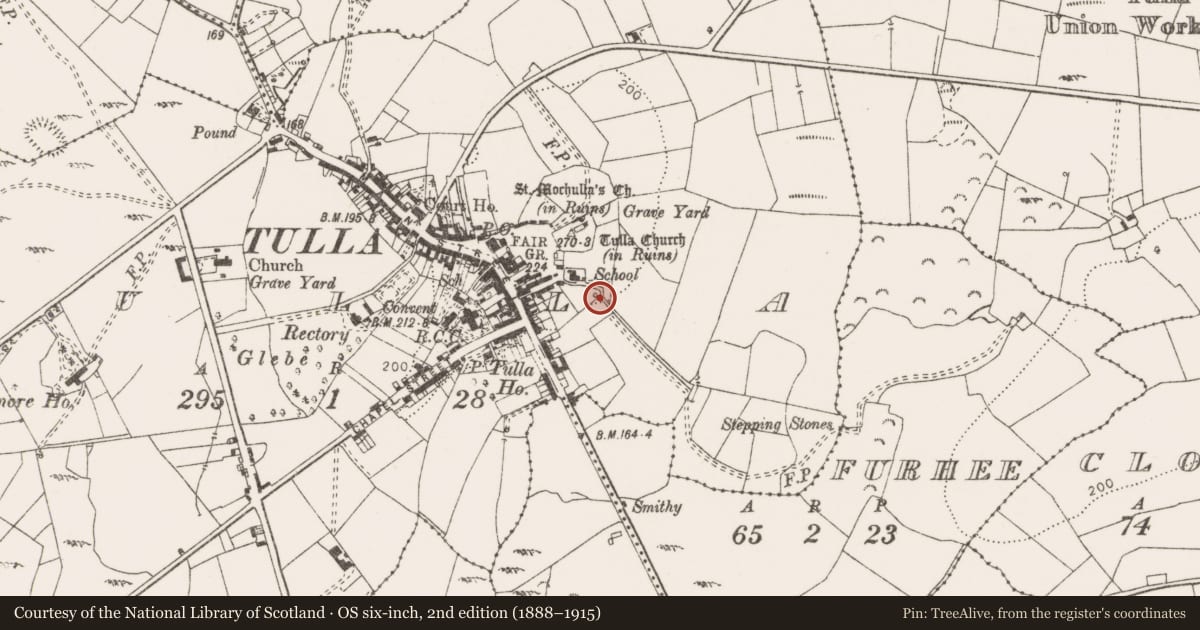 Ordnance Survey six-inch map, 2nd edition (1888–1915) covering the location of Cross-slab (present location), Tulla, County Clare, with a pin at the register's coordinates