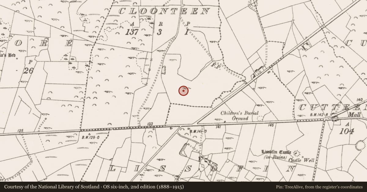 Ordnance Survey six-inch map, 2nd edition (1888–1915) covering the location of Enclosure, Cloonteen, County Clare, with a pin at the register's coordinates