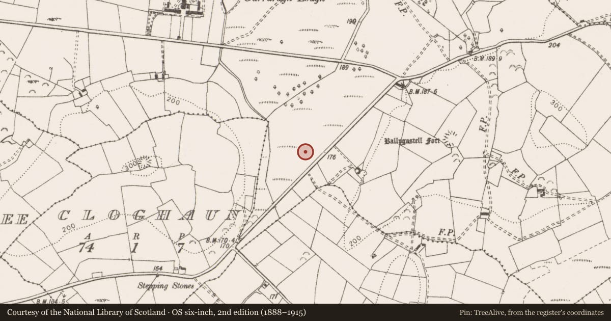 Ordnance Survey six-inch map, 2nd edition (1888–1915) covering the location of Field system, Garruragh, County Clare, with a pin at the register's coordinates