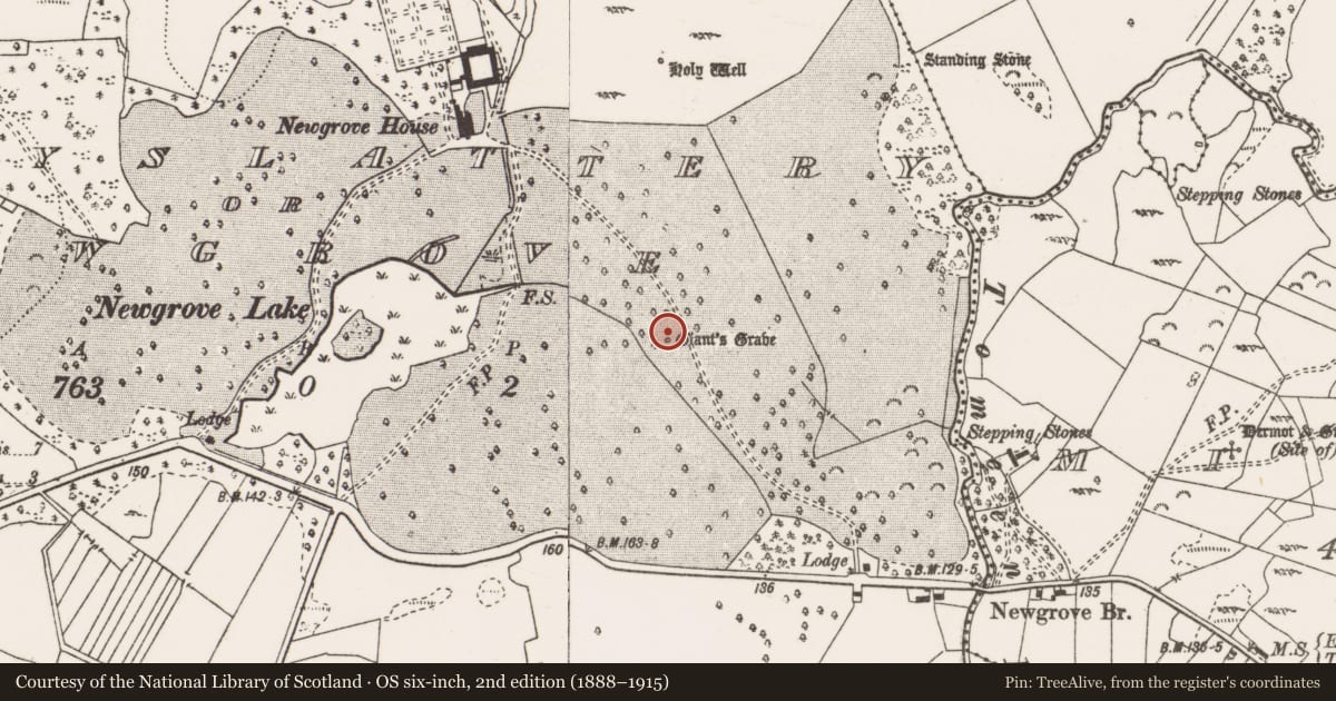 Ordnance Survey six-inch map, 2nd edition (1888–1915) covering the location of Bullaun stone, Ballyslattery Or Newgrove, County Clare, with a pin at the register's coordinates