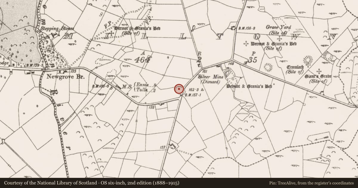 Ordnance Survey six-inch map, 2nd edition (1888–1915) covering the location of Enclosure, Milltown, County Clare, with a pin at the register's coordinates