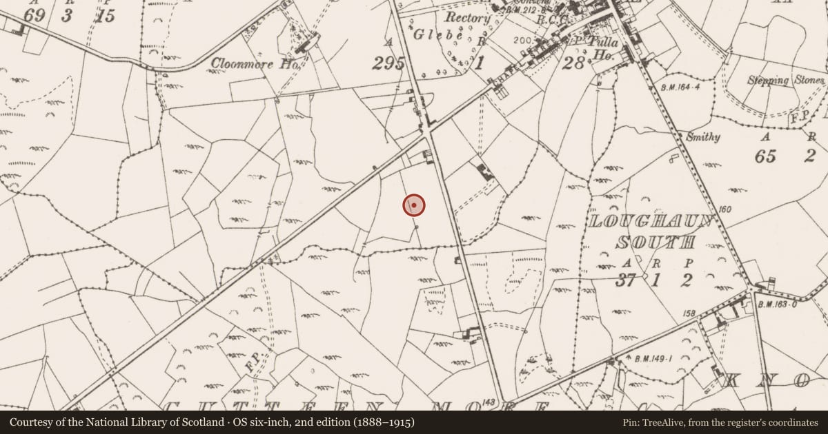 Ordnance Survey six-inch map, 2nd edition (1888–1915) covering the location of Fulacht fia, Tulla, County Clare, with a pin at the register's coordinates