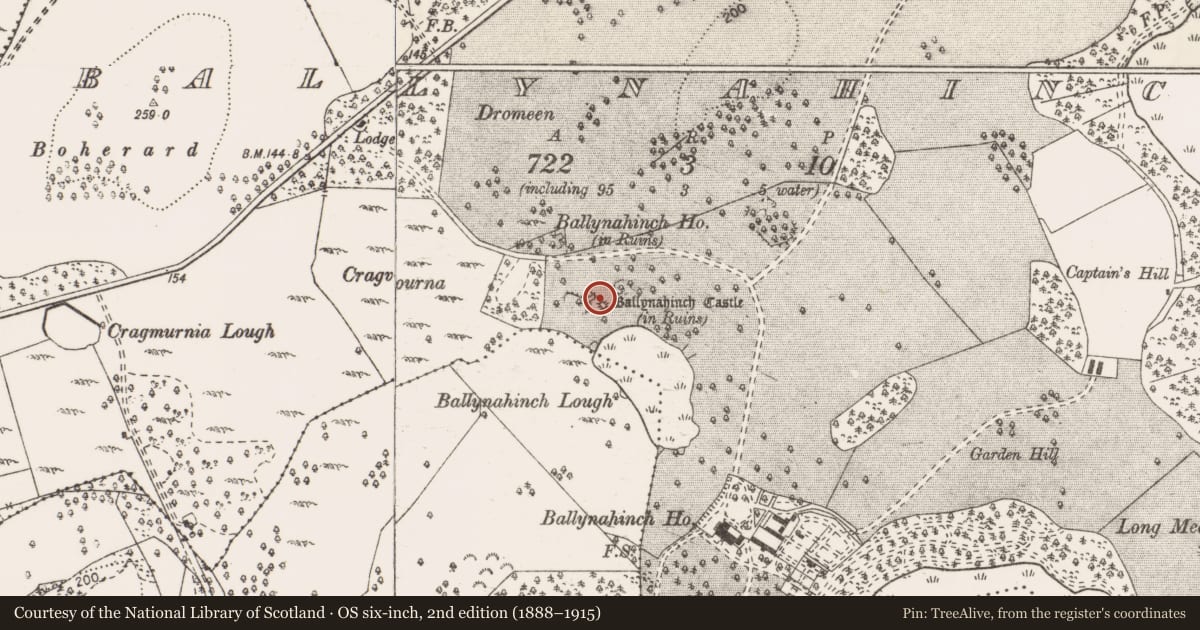 Ordnance Survey six-inch map, 2nd edition (1888–1915) covering the location of Castle - unclassified, Ballynahinch, County Clare, with a pin at the register's coordinates