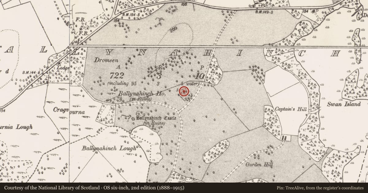 Ordnance Survey six-inch map, 2nd edition (1888–1915) covering the location of Enclosure, Ballynahinch, County Clare, with a pin at the register's coordinates