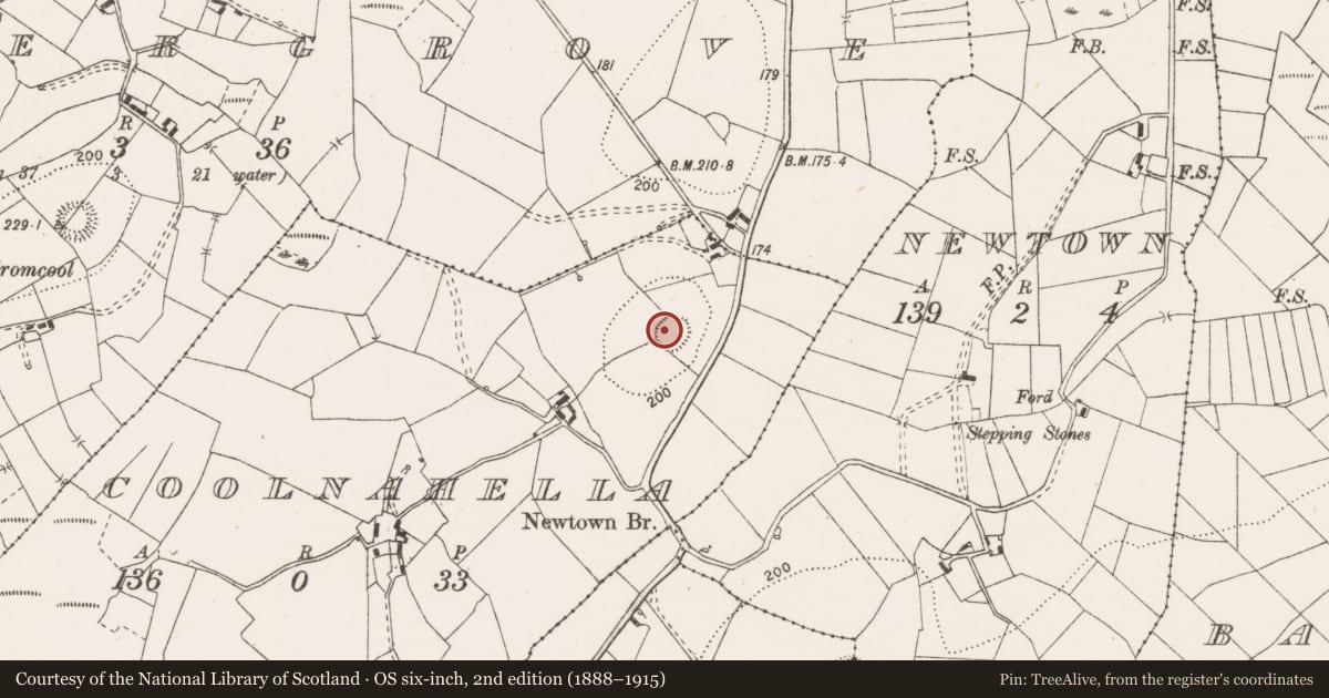 Ordnance Survey six-inch map, 2nd edition (1888–1915) covering the location of Enclosure, Coolnahella, County Clare, with a pin at the register's coordinates