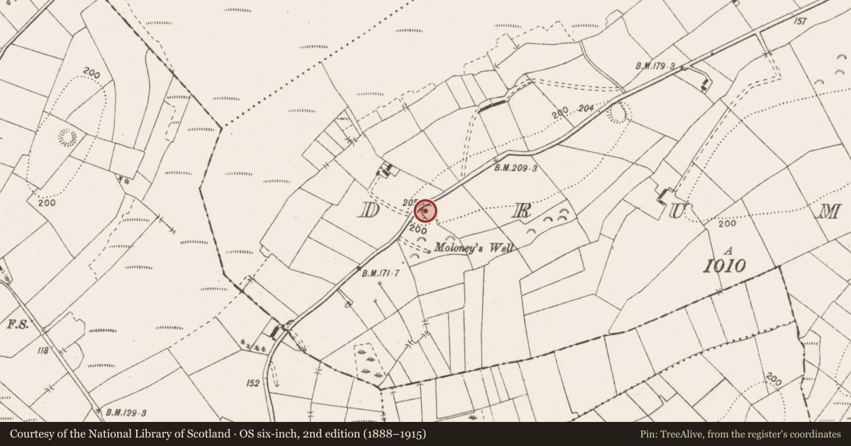 Ordnance Survey six-inch map, 2nd edition (1888–1915) covering the location of Enclosure, Drummod, County Clare, with a pin at the register's coordinates