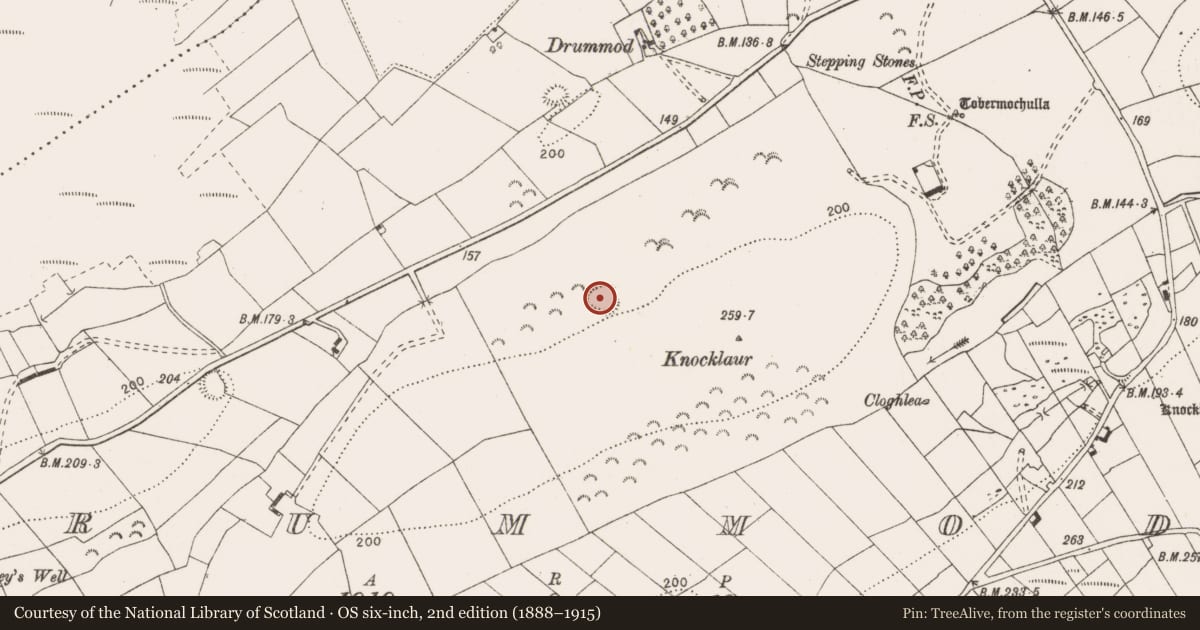Ordnance Survey six-inch map, 2nd edition (1888–1915) covering the location of Enclosure, Drummod, County Clare, with a pin at the register's coordinates