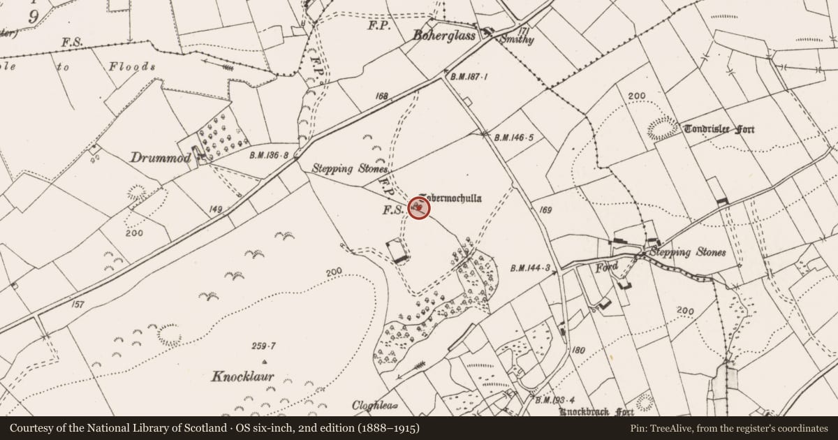 Ordnance Survey six-inch map, 2nd edition (1888–1915) covering the location of Ritual site - holy well, Drummod, County Clare, with a pin at the register's coordinates