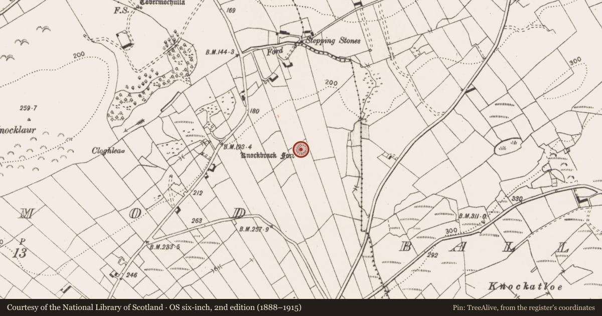 Ordnance Survey six-inch map, 2nd edition (1888–1915) covering the location of Enclosure, Drummod, County Clare, with a pin at the register's coordinates