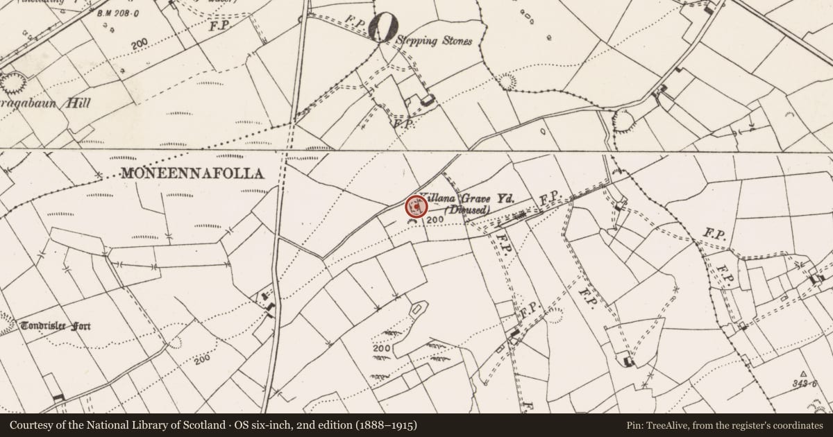 Ordnance Survey six-inch map, 2nd edition (1888–1915) covering the location of Church, Ballydonaghan, County Clare, with a pin at the register's coordinates