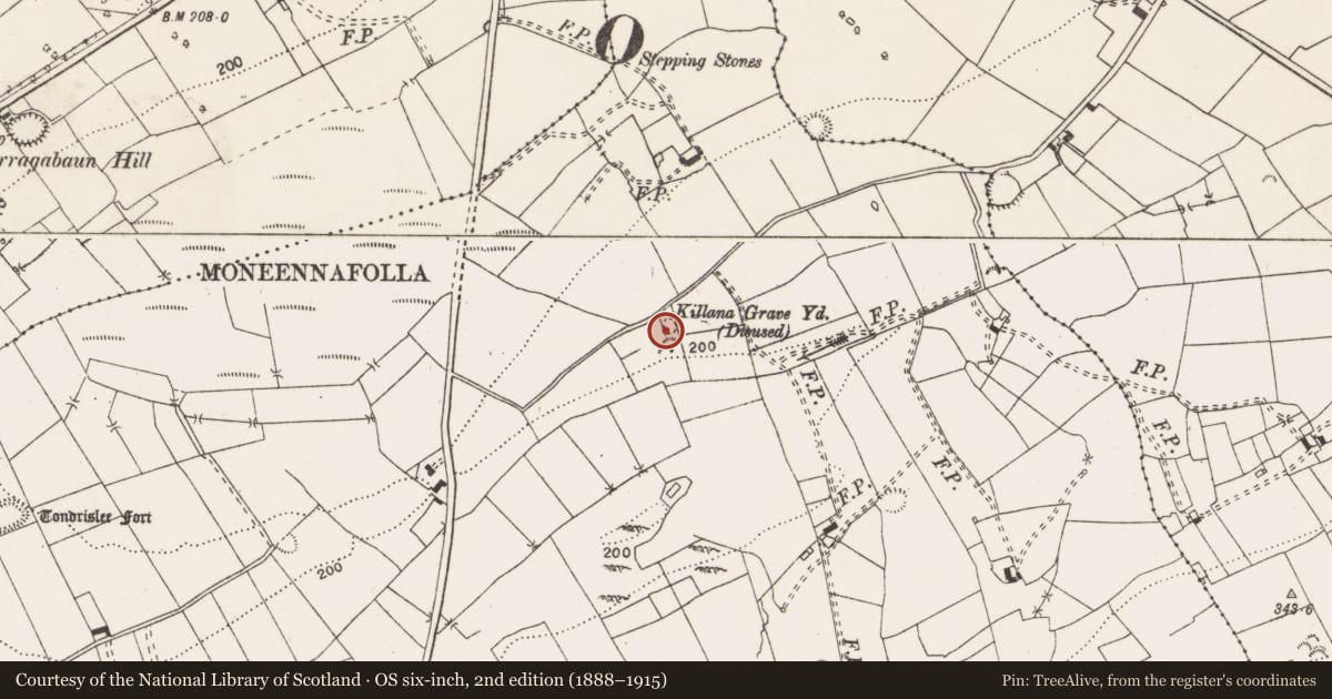 Ordnance Survey six-inch map, 2nd edition (1888–1915) covering the location of Children's burial ground, Ballydonaghan, County Clare, with a pin at the register's coordinates