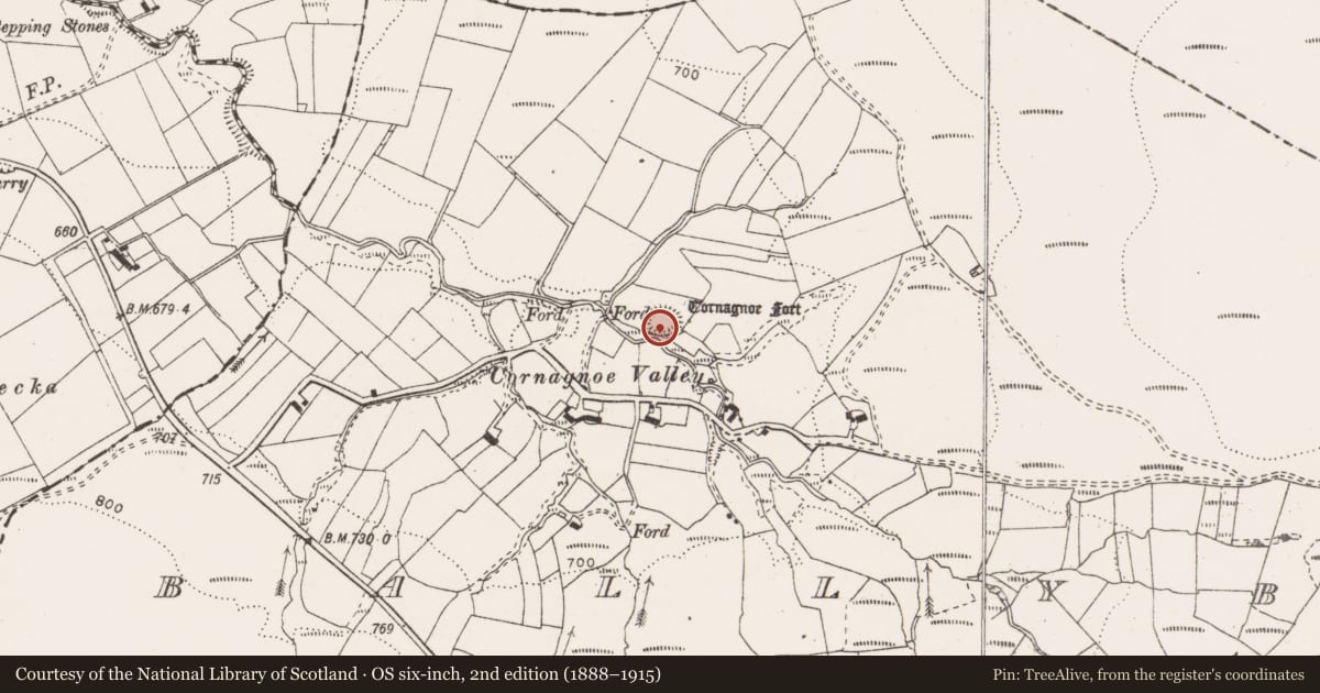 Ordnance Survey six-inch map, 2nd edition (1888–1915) covering the location of Enclosure, Ballybroghan, County Clare, with a pin at the register's coordinates