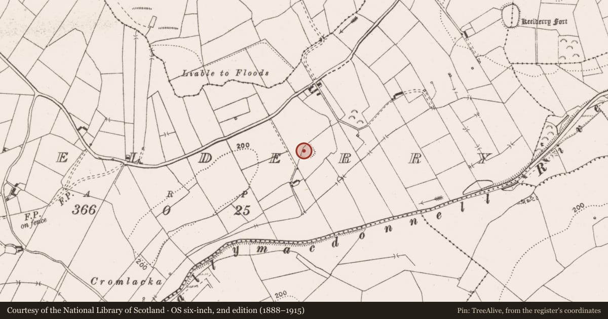 Ordnance Survey six-inch map, 2nd edition (1888–1915) covering the location of Enclosure, Keelderry, County Clare, with a pin at the register's coordinates
