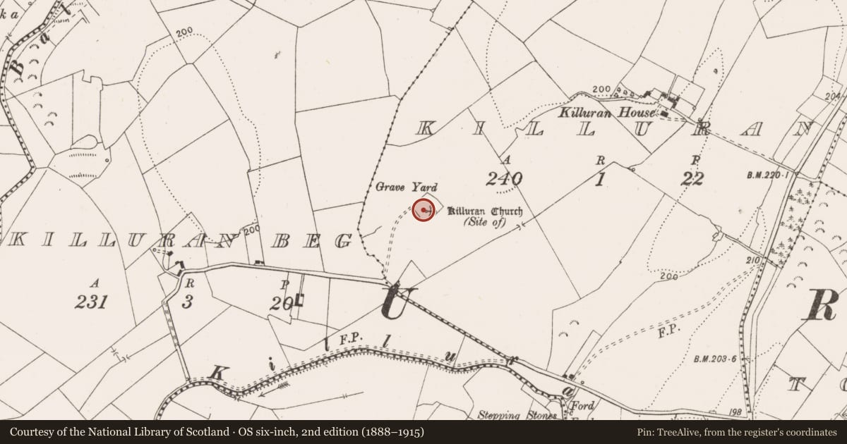 Ordnance Survey six-inch map, 2nd edition (1888–1915) covering the location of Church, Killuran, County Clare, with a pin at the register's coordinates