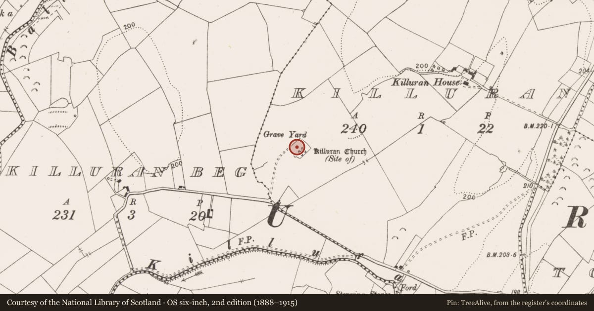 Ordnance Survey six-inch map, 2nd edition (1888–1915) covering the location of Graveyard, Killuran, County Clare, with a pin at the register's coordinates