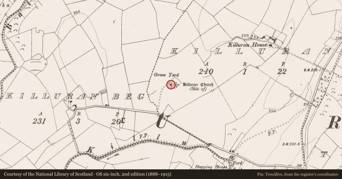 Ordnance Survey six-inch map, 2nd edition (1888–1915) covering the location of Ecclesiastical enclosure, Killuran, County Clare, with a pin at the register's coordinates