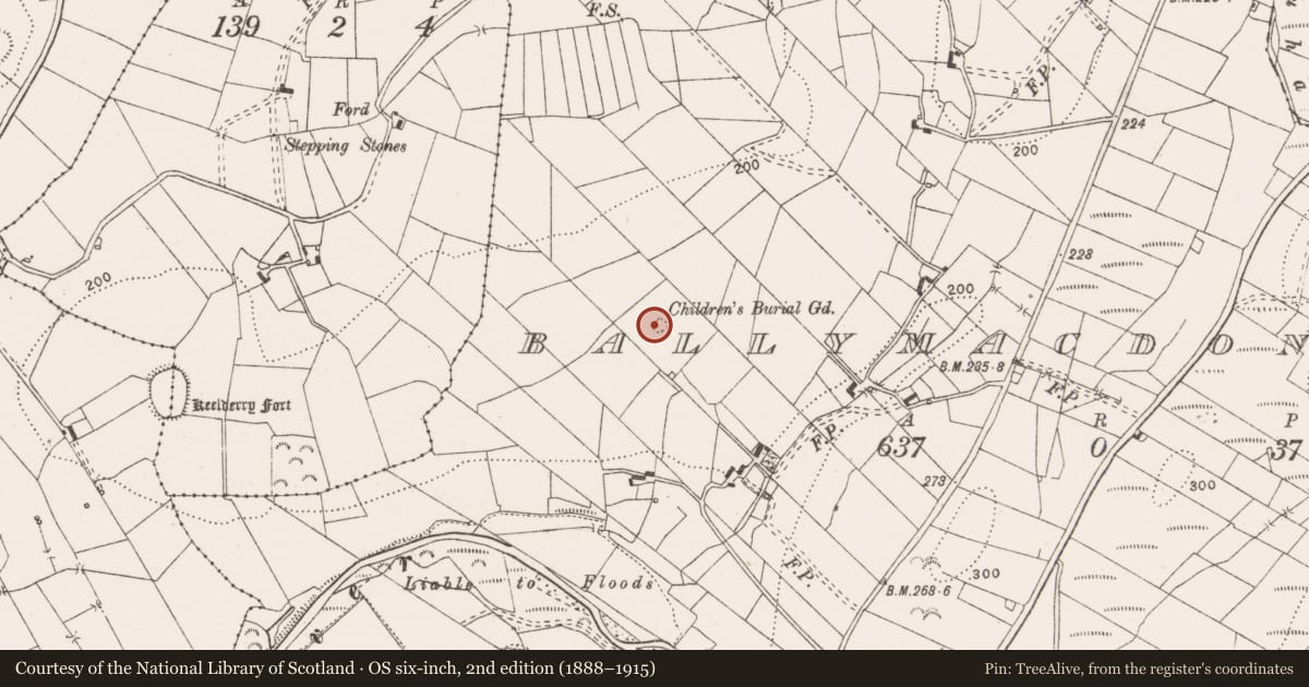 Ordnance Survey six-inch map, 2nd edition (1888–1915) covering the location of Children's burial ground, Ballymacdonnell, County Clare, with a pin at the register's coordinates