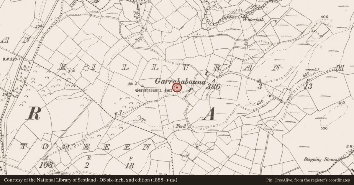 Ordnance Survey six-inch map, 2nd edition (1888–1915) covering the location of Enclosure, Killuran More, County Clare, with a pin at the register's coordinates