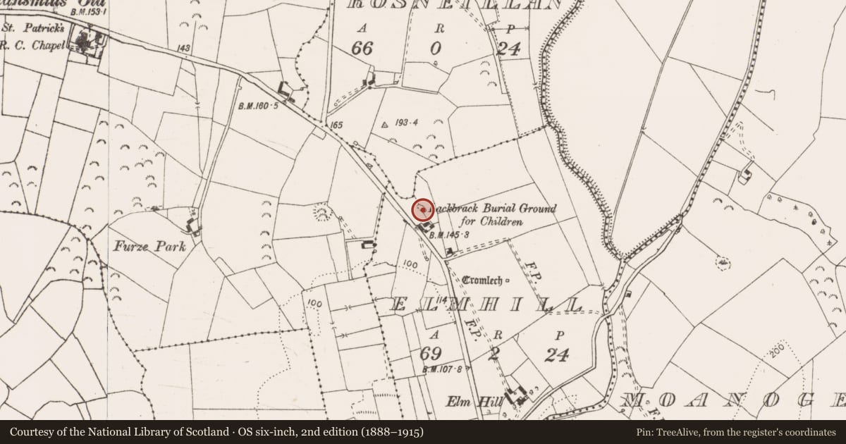 Ordnance Survey six-inch map, 2nd edition (1888–1915) covering the location of Children's burial ground, Elmhill, County Clare, with a pin at the register's coordinates