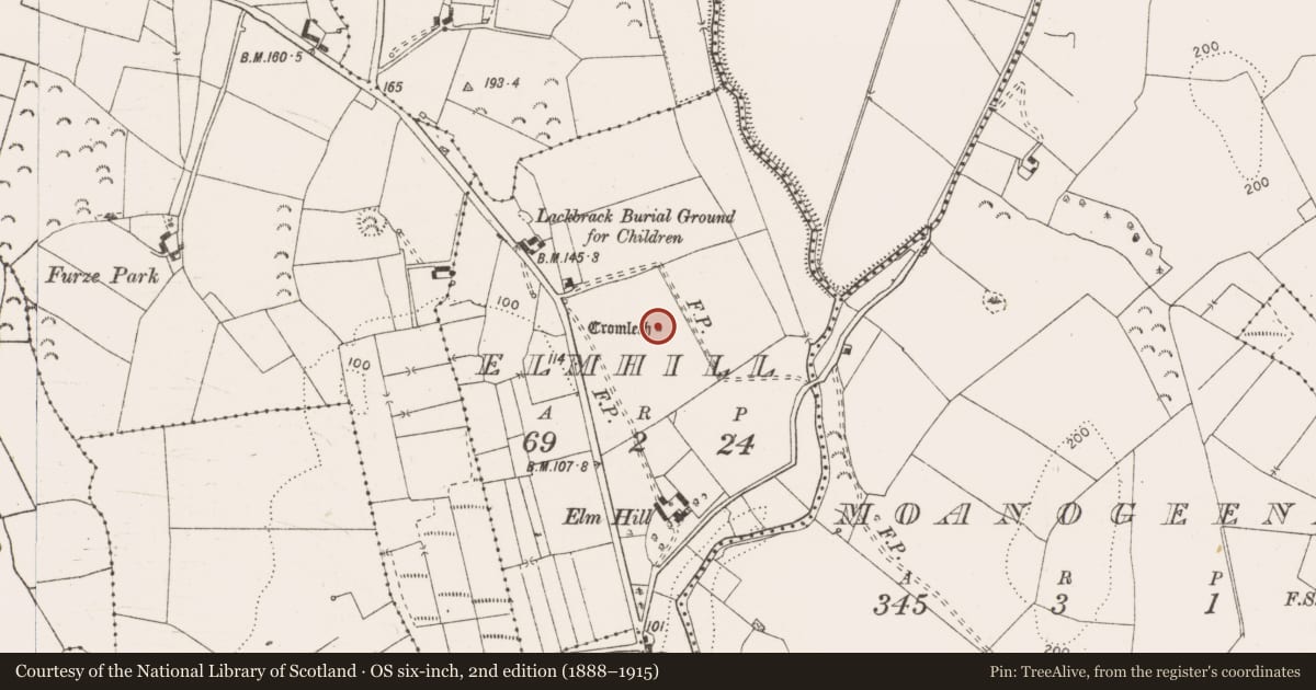 Ordnance Survey six-inch map, 2nd edition (1888–1915) covering the location of Megalithic tomb - unclassified, Elmhill, County Clare, with a pin at the register's coordinates