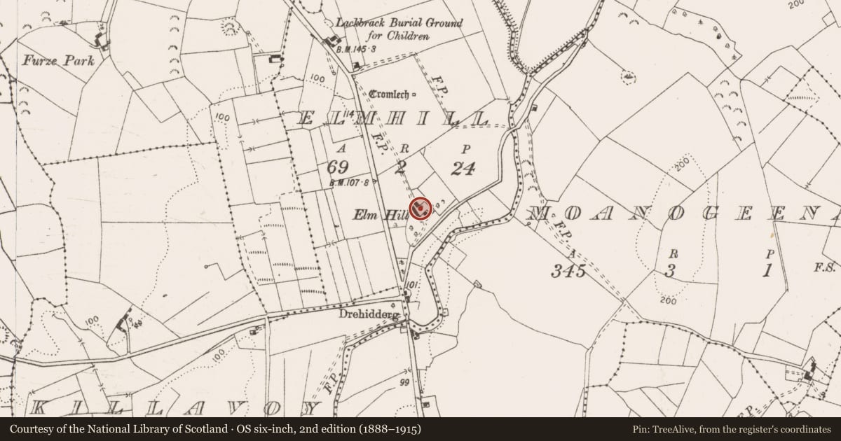 Ordnance Survey six-inch map, 2nd edition (1888–1915) covering the location of House - 16th/17th century, Elmhill, County Clare, with a pin at the register's coordinates