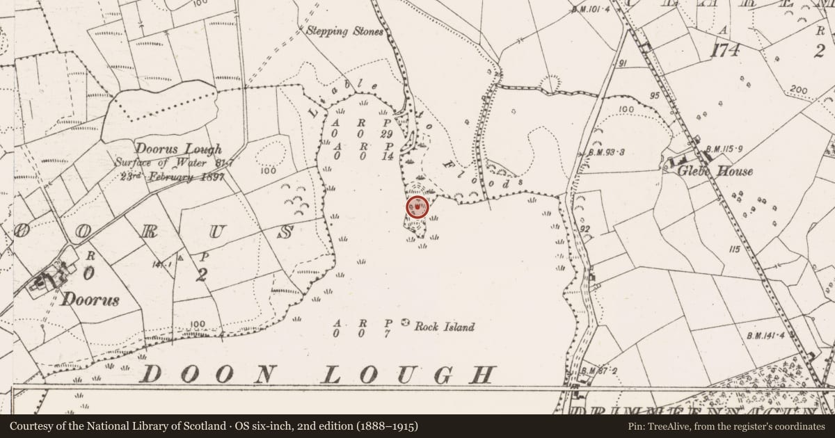 Ordnance Survey six-inch map, 2nd edition (1888–1915) covering the location of Crannog, Moanogeenagh, County Clare, with a pin at the register's coordinates