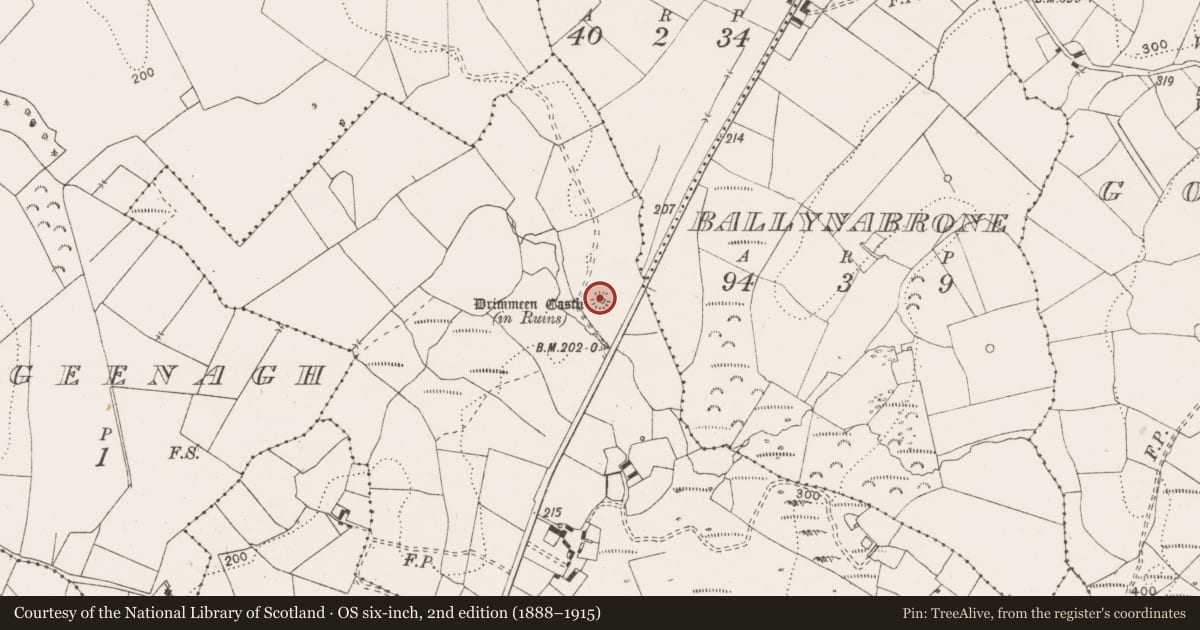 Ordnance Survey six-inch map, 2nd edition (1888–1915) covering the location of Castle - tower house, Drimmeen, County Clare, with a pin at the register's coordinates