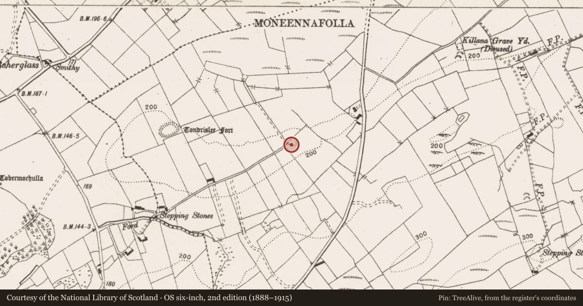 Ordnance Survey six-inch map, 2nd edition (1888–1915) covering the location of Enclosure, Ballydonaghan, County Clare, with a pin at the register's coordinates