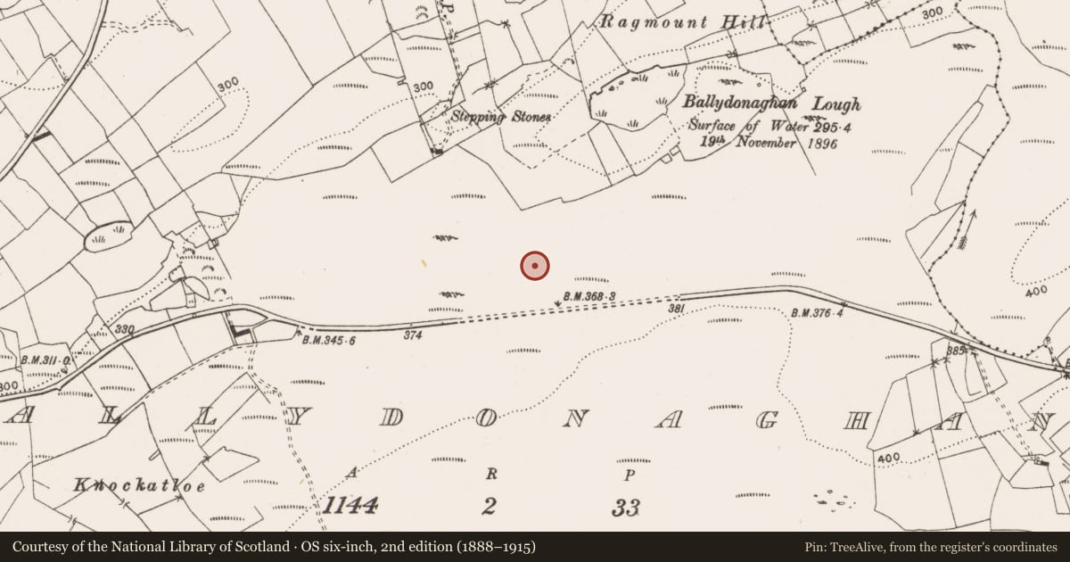 Ordnance Survey six-inch map, 2nd edition (1888–1915) covering the location of Mass-rock, Ballydonaghan, County Clare, with a pin at the register's coordinates