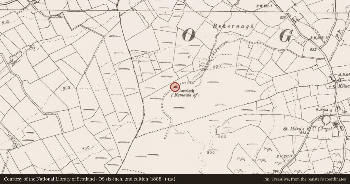 Ordnance Survey six-inch map, 2nd edition (1888–1915) covering the location of Megalithic tomb - wedge tomb, Bealkelly (Purdon), County Clare, with a pin at the register's coordinates