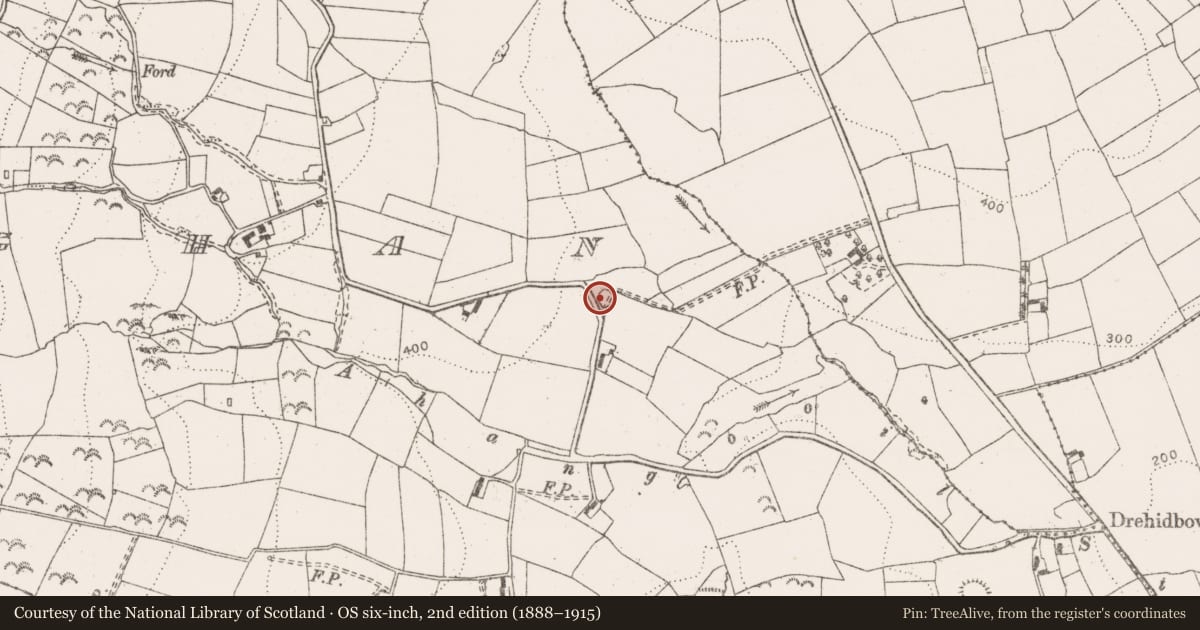 Ordnance Survey six-inch map, 2nd edition (1888–1915) covering the location of Enclosure, Ballybroghan, County Clare, with a pin at the register's coordinates