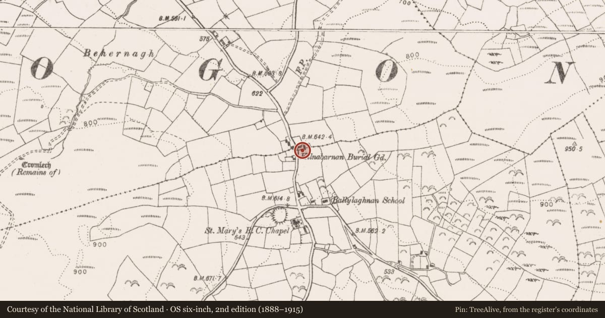 Ordnance Survey six-inch map, 2nd edition (1888–1915) covering the location of Children's burial ground, Ballylaghnan, County Clare, with a pin at the register's coordinates