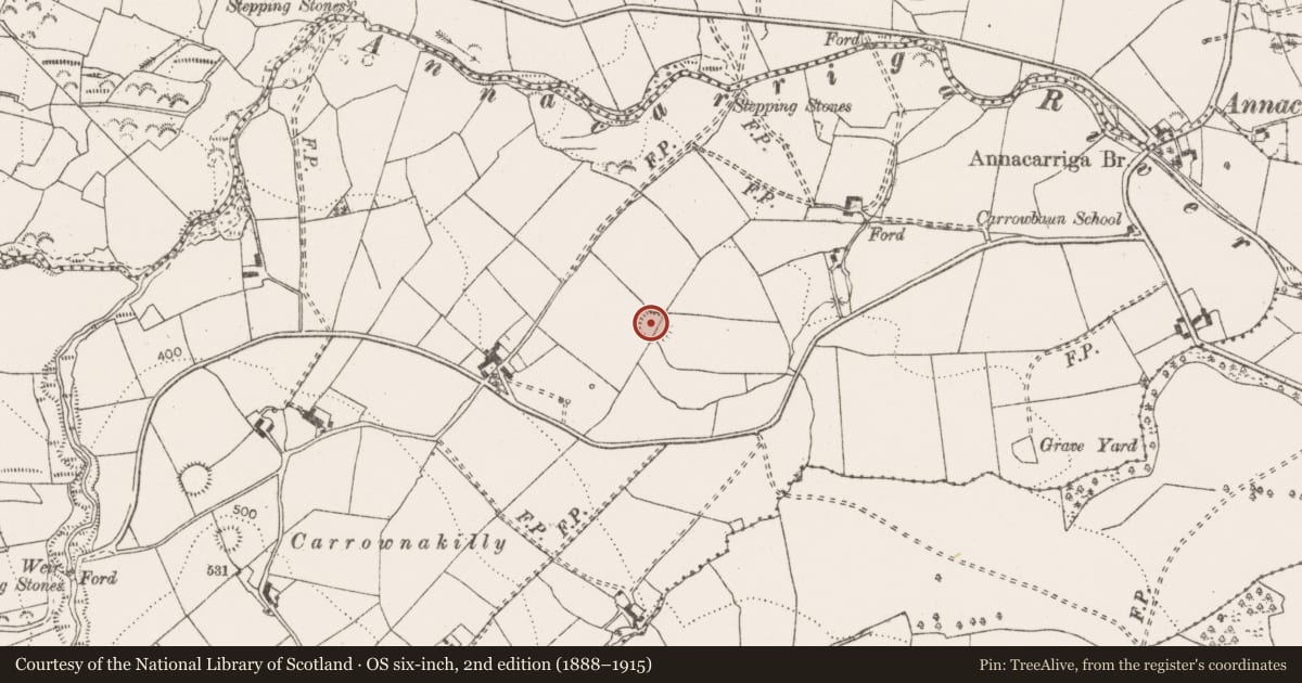 Ordnance Survey six-inch map, 2nd edition (1888–1915) covering the location of Enclosure, Carrownakilly, County Clare, with a pin at the register's coordinates