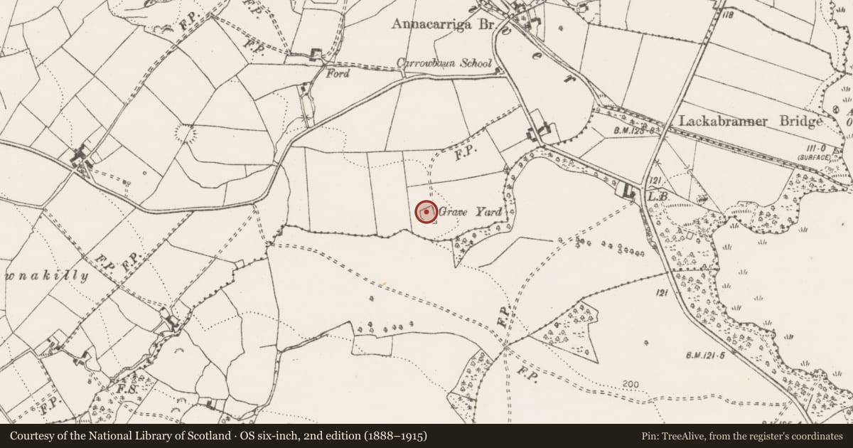 Ordnance Survey six-inch map, 2nd edition (1888–1915) covering the location of Burial ground, Carrownakilly, County Clare, with a pin at the register's coordinates