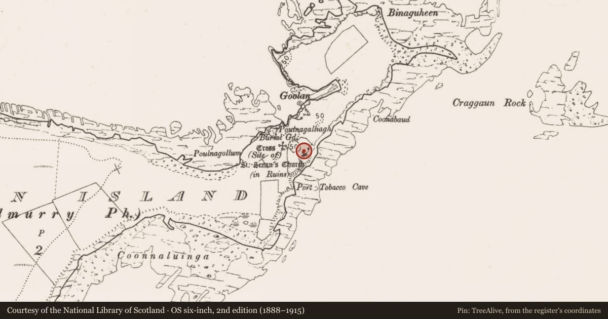 Ordnance Survey six-inch map, 2nd edition (1888–1915) covering the location of Church, Mutton Island, County Clare, with a pin at the register's coordinates