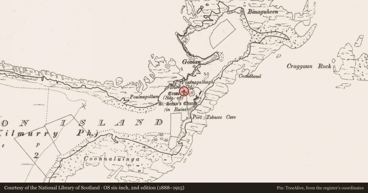 Ordnance Survey six-inch map, 2nd edition (1888–1915) covering the location of Cross, Mutton Island, County Clare, with a pin at the register's coordinates