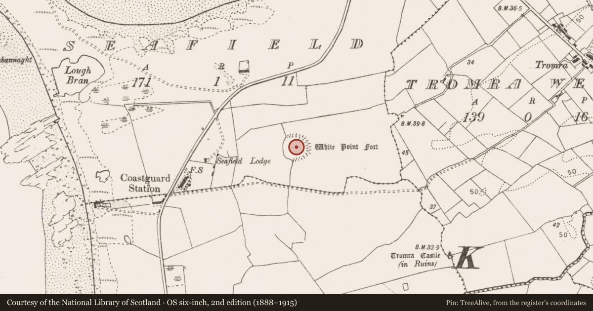 Ordnance Survey six-inch map, 2nd edition (1888–1915) covering the location of Enclosure - large enclosure, Seafield, County Clare, with a pin at the register's coordinates
