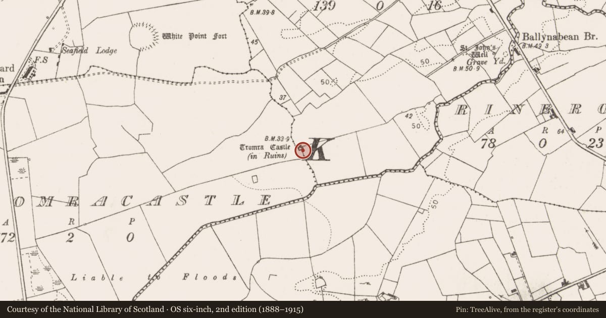 Ordnance Survey six-inch map, 2nd edition (1888–1915) covering the location of Castle - tower house, Tromracastle, County Clare, with a pin at the register's coordinates