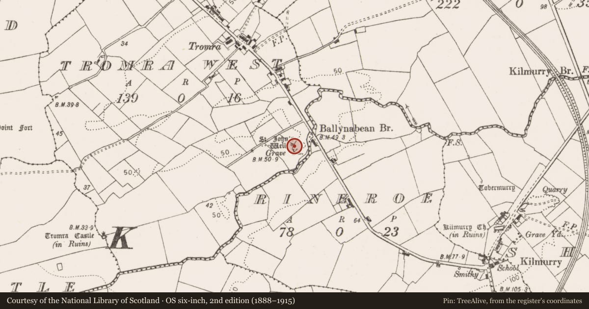 Ordnance Survey six-inch map, 2nd edition (1888–1915) covering the location of Ritual site - holy well, Tromra West, County Clare, with a pin at the register's coordinates