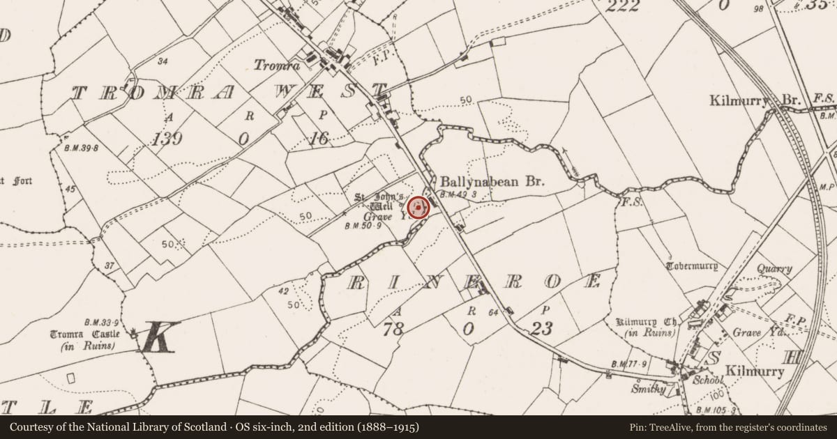 Ordnance Survey six-inch map, 2nd edition (1888–1915) covering the location of Children's burial ground, Tromra West, County Clare, with a pin at the register's coordinates