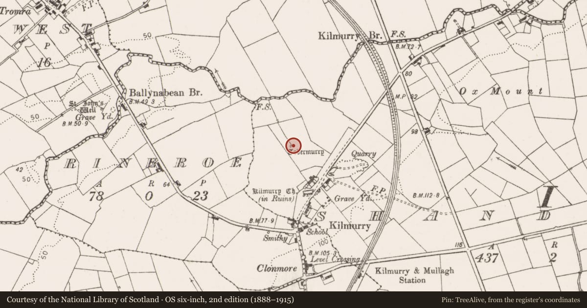 Ordnance Survey six-inch map, 2nd edition (1888–1915) covering the location of Ritual site - holy well, Shandrum, County Clare, with a pin at the register's coordinates